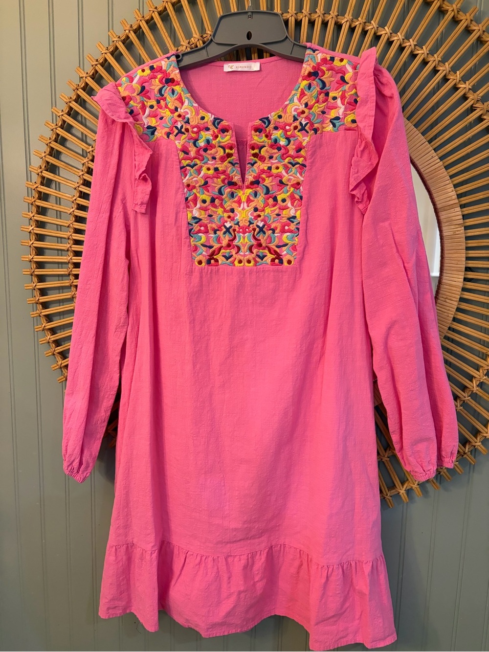 Pink Boho puff sleeve embroidered dress - XL